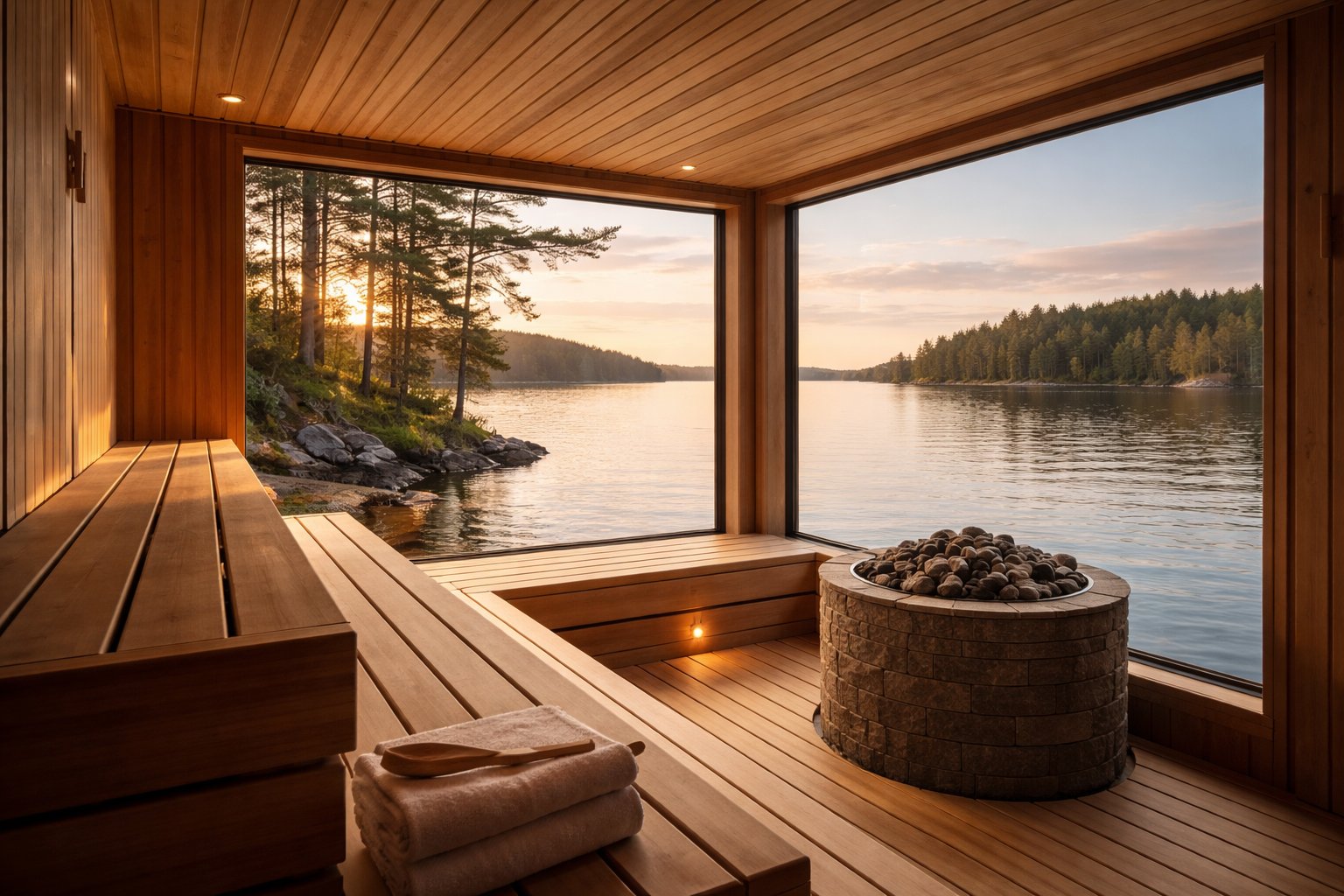 Luxury wood and stone sauna with lake and forest view at golden hour